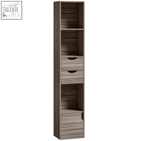 Tall slender grey homcom bookcase with wood grain finish adjustable shelf open shelves and three drawers
