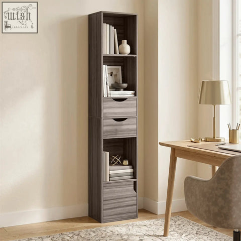 Grey homcom bookcase with adjustable shelf open shelves and three drawers tall wood-grain finish bookshelf