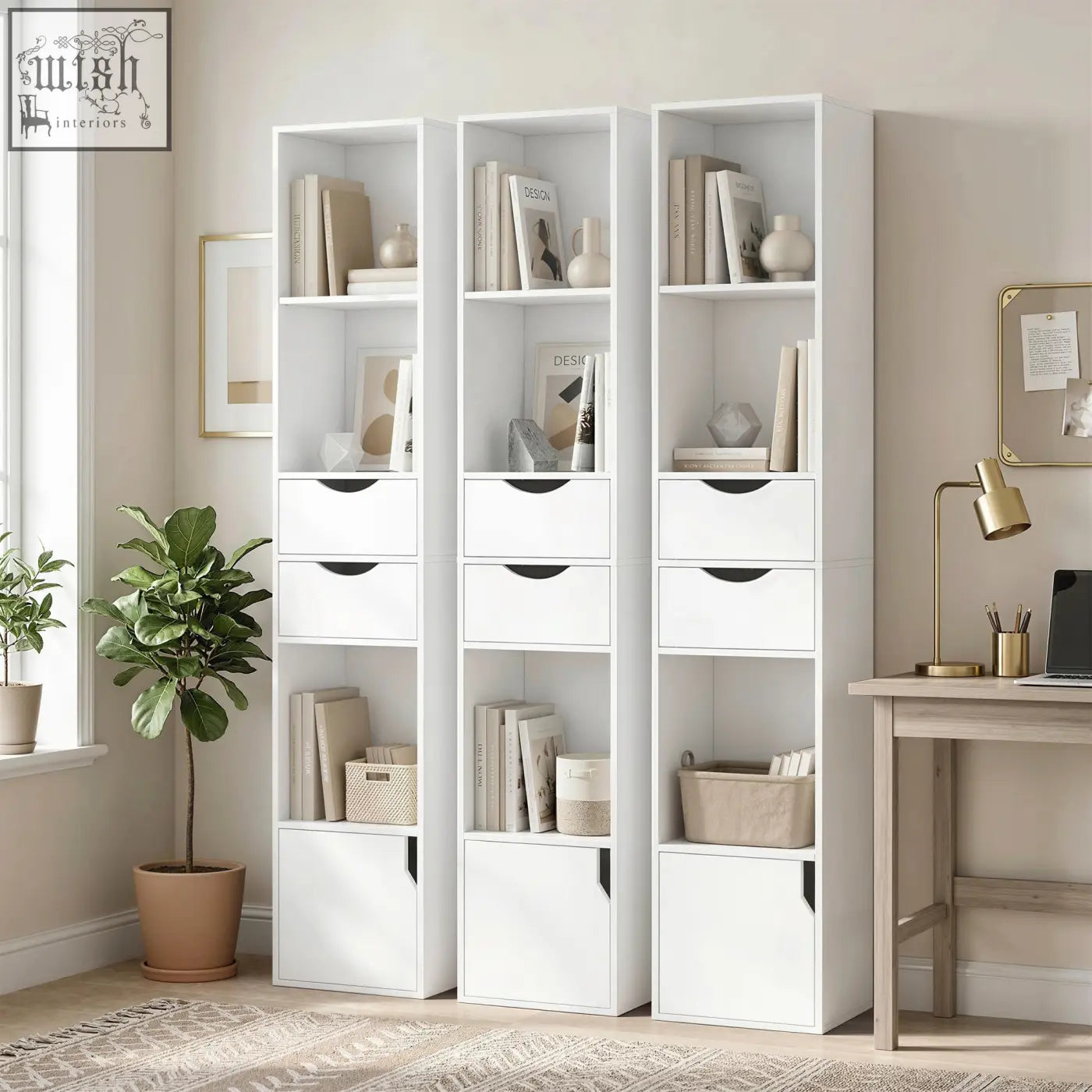 White homcom bookcase with open shelves adjustable shelf drawers and cabinet in minimalist modular design