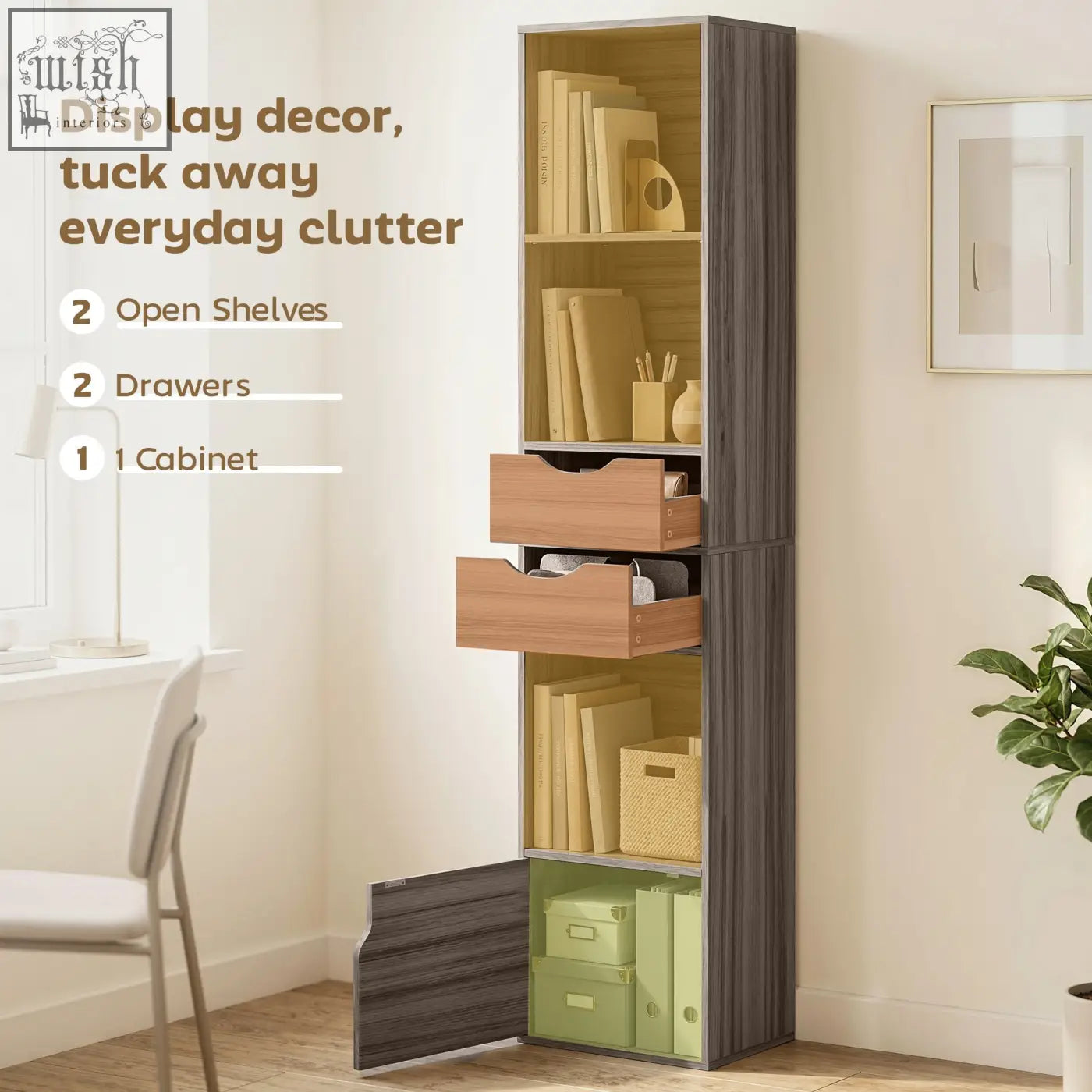 Homcom bookcase with adjustable shelf, two open shelves, two drawers, and cabinet in dark wood finish gray