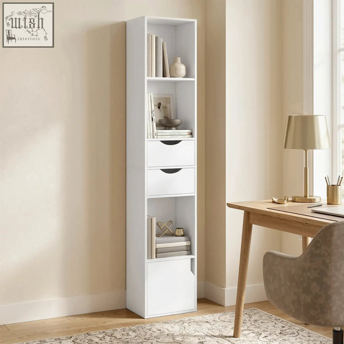 White homcom bookcase with open shelves three drawers and adjustable shelf for modern storage and display