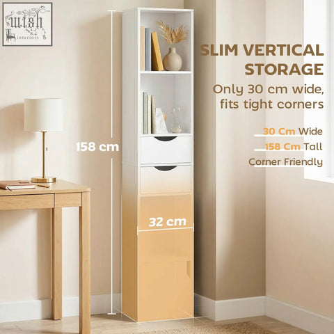 Homcom bookcase white slim vertical storage unit with adjustable shelf open shelves two drawers and cabinet door