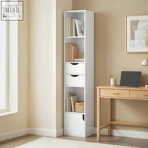 White homcom bookcase with open shelves adjustable shelf three drawers and cabinet for storage and display
