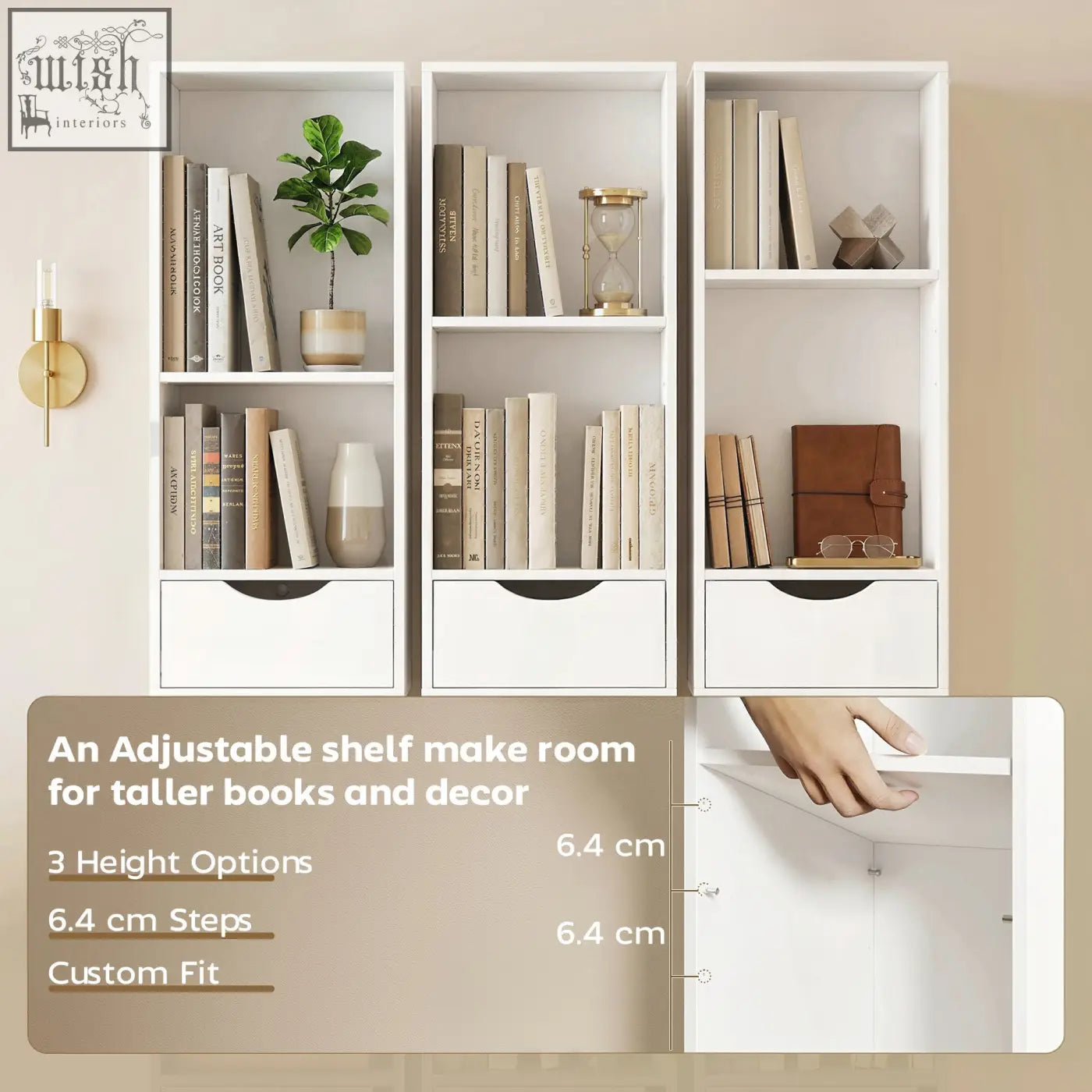 White homcom bookcase with adjustable shelf three open shelves and drawers for versatile wall storage