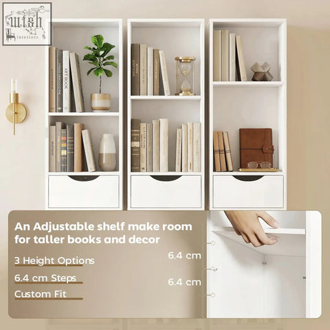 White homcom bookcase with adjustable shelf three open shelves and drawers for versatile wall storage