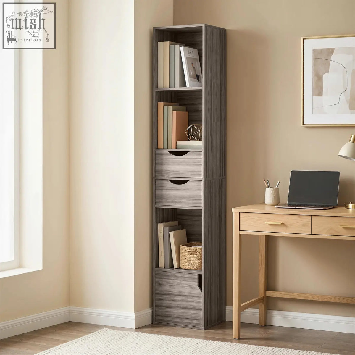 Homcom bookcase tall grey wood grain finish with open shelves, adjustable shelf, two drawers, and cabinet storage