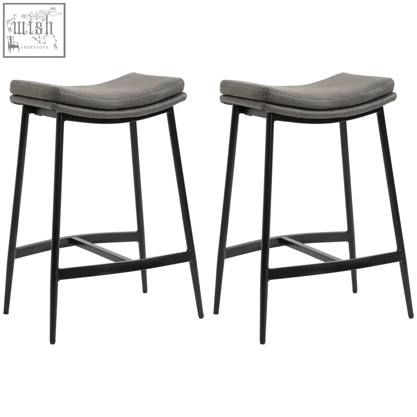 Two sleek breakfast bar stools with grey microfiber upholstered seats and black steel frame for kitchen or dining room