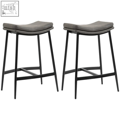 Two sleek breakfast bar stools with grey microfiber upholstered seats and black steel frame for kitchen or dining room
