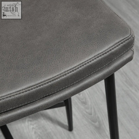 Gray faux leather breakfast bar stool seat with stitched edges and black steel frame legs for kitchen or dining room