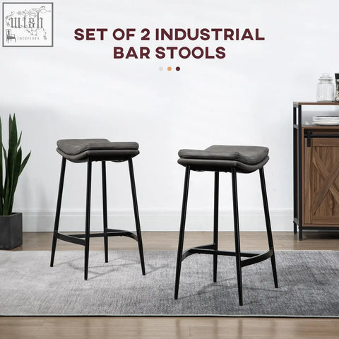 Set of two homcom breakfast bar stools with black steel frame and dark grey microfiber upholstered seats