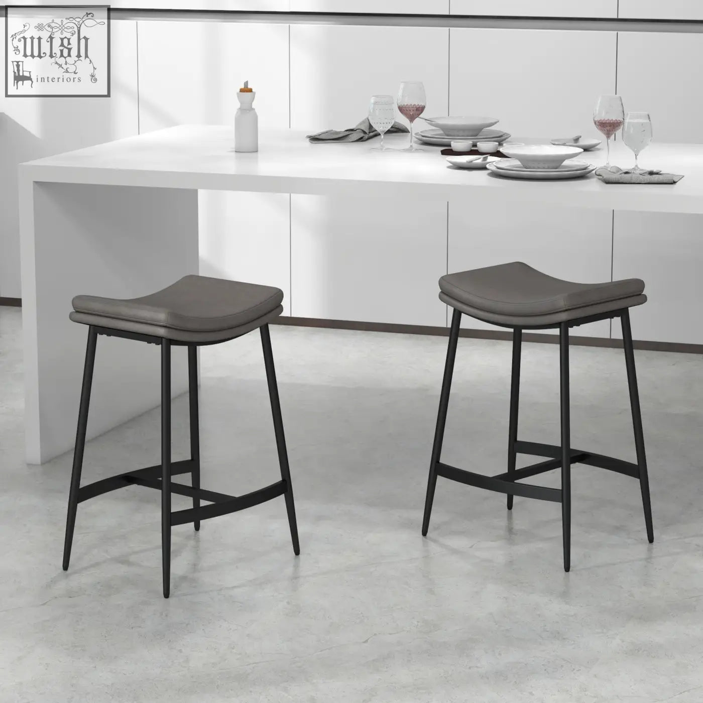 Modern gray upholstered bar stools with steel frame and sleek black legs perfect as breakfast bar stools for kitchen or dining room