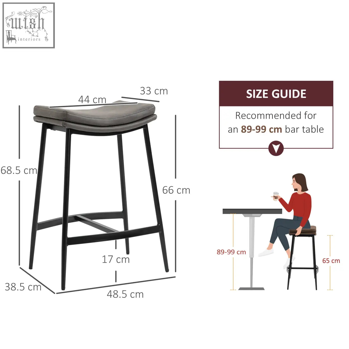 Gray upholstered breakfast bar stools with steel frame black metal legs and supportive footrest for kitchen use