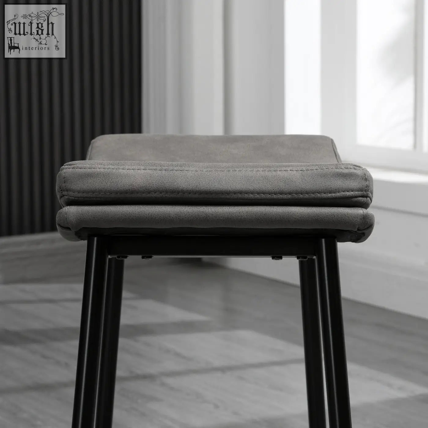 Gray upholstered breakfast bar stools set of 2 with steel frame and black metal legs perfect for kitchen or dining room