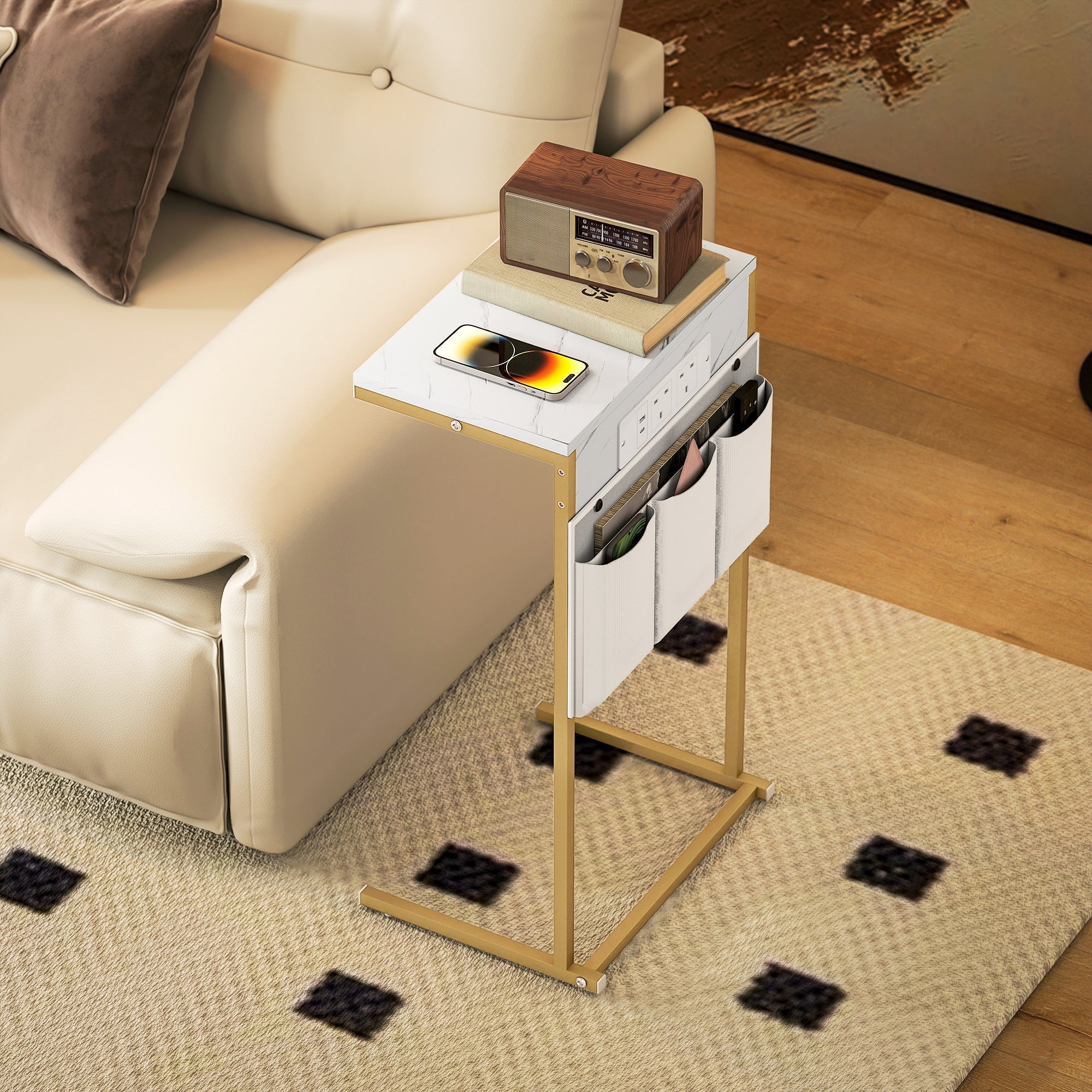 White marble grain c-shaped bedside table with gold frame storage bags and power outlets for bedroom use
