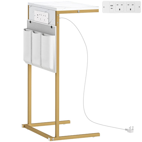Homcom c-shaped bedside table with gold metal frame marble grain top power outlets and fabric storage bags on side