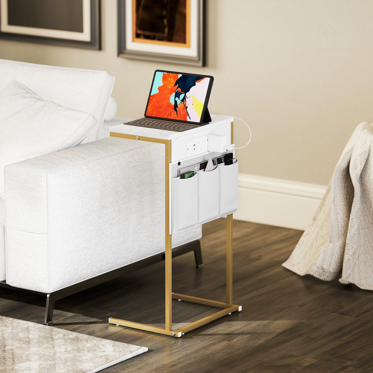 White and gold metal laptop stand with storage bags and power outlets for bedside marble grain table use