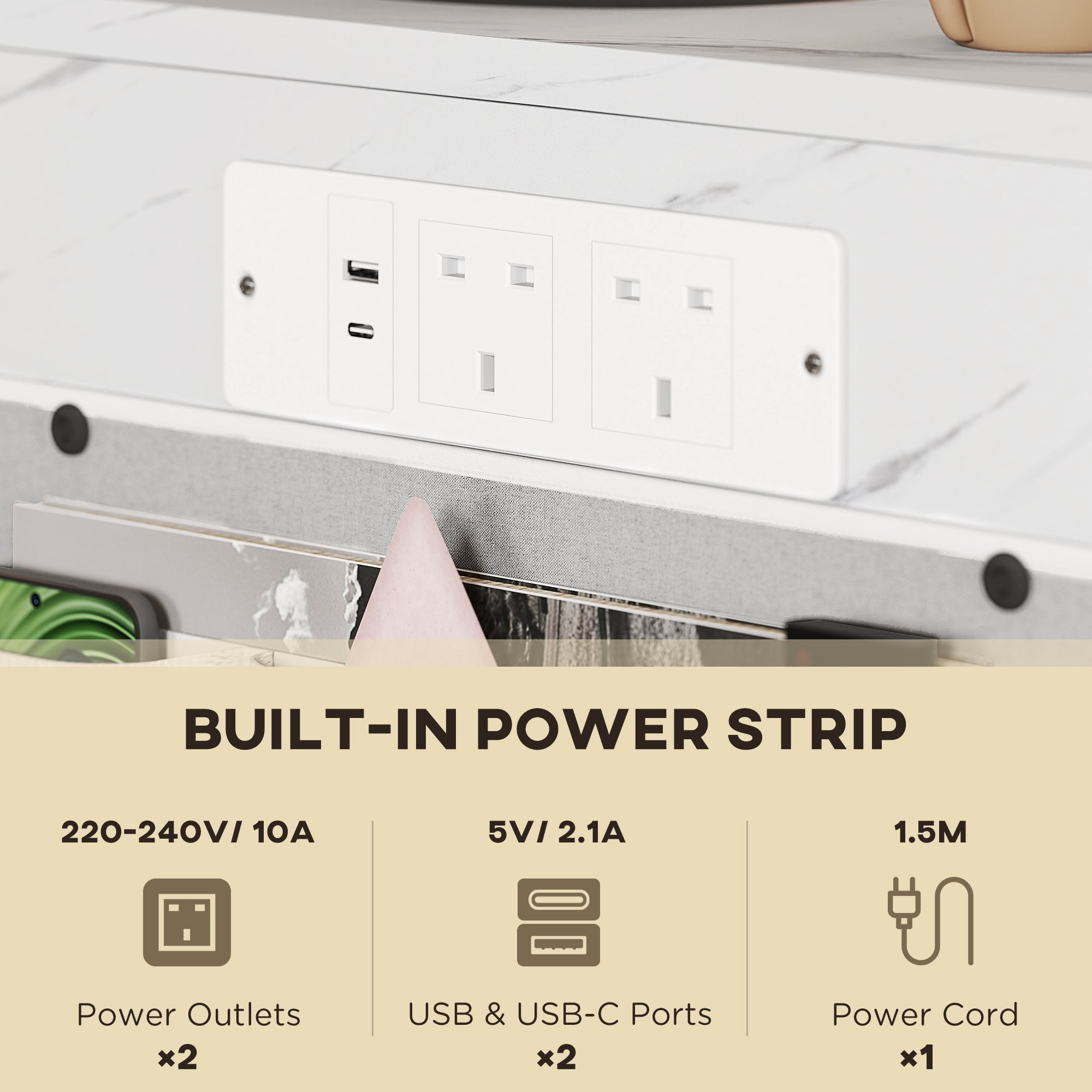 White marble grain homcom c-shaped bedside table with power outlets usb ports and storage bags for bedroom use