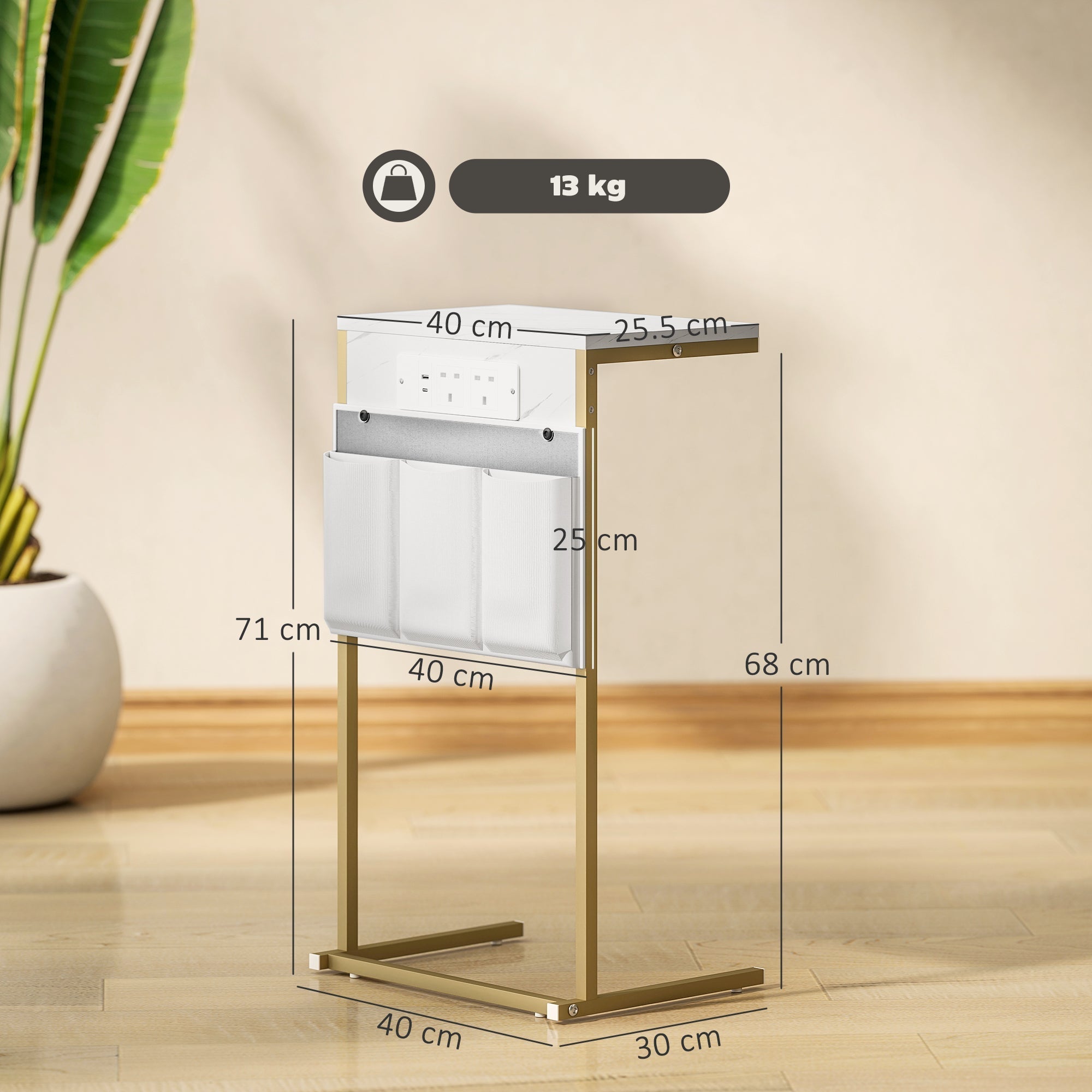 Modern white and gold metal laundry sorter with power outlets and storage bags for convenient bedroom organization
