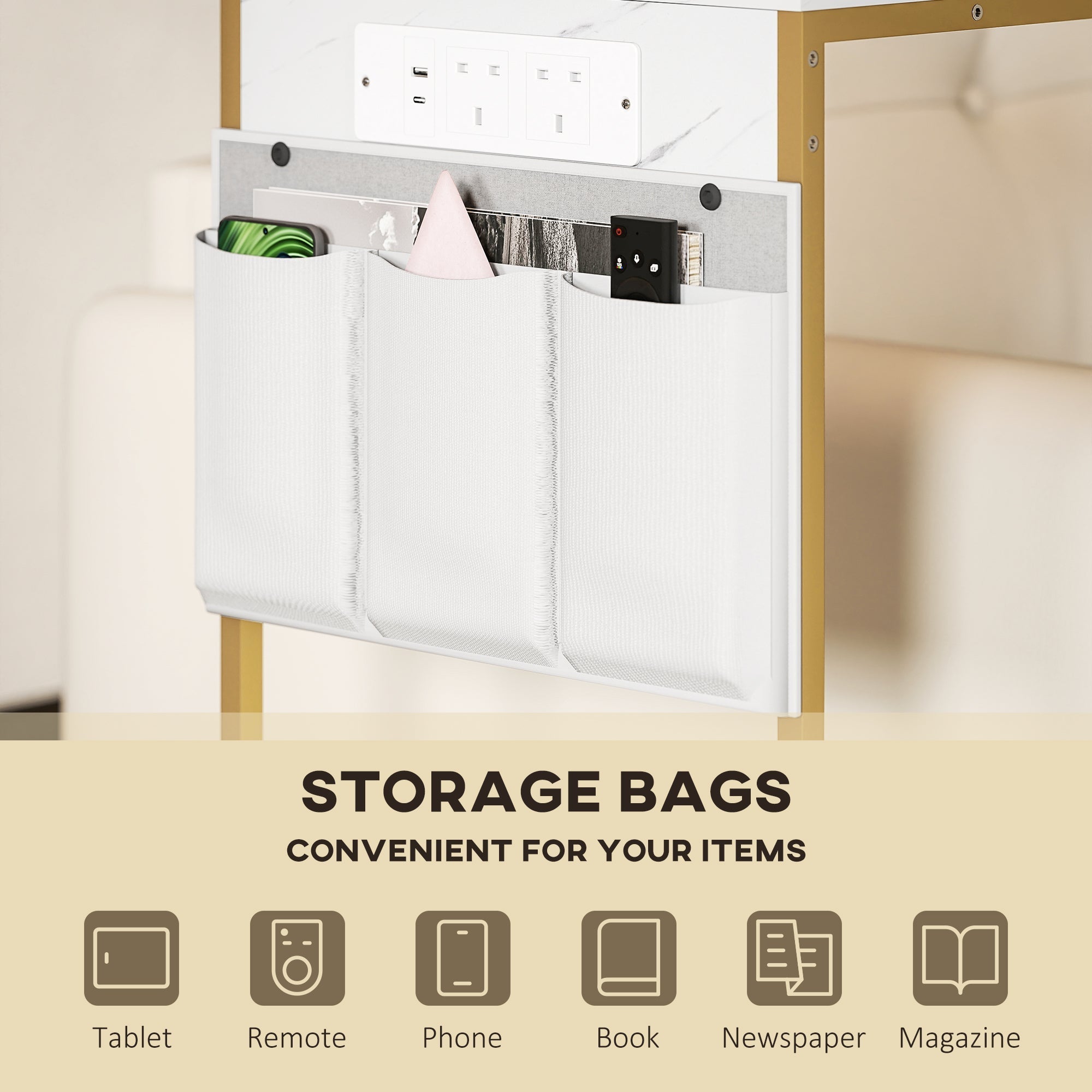 White fabric storage bags with three compartments for tablets and phones in homcom marble grain bedside table with power outlets