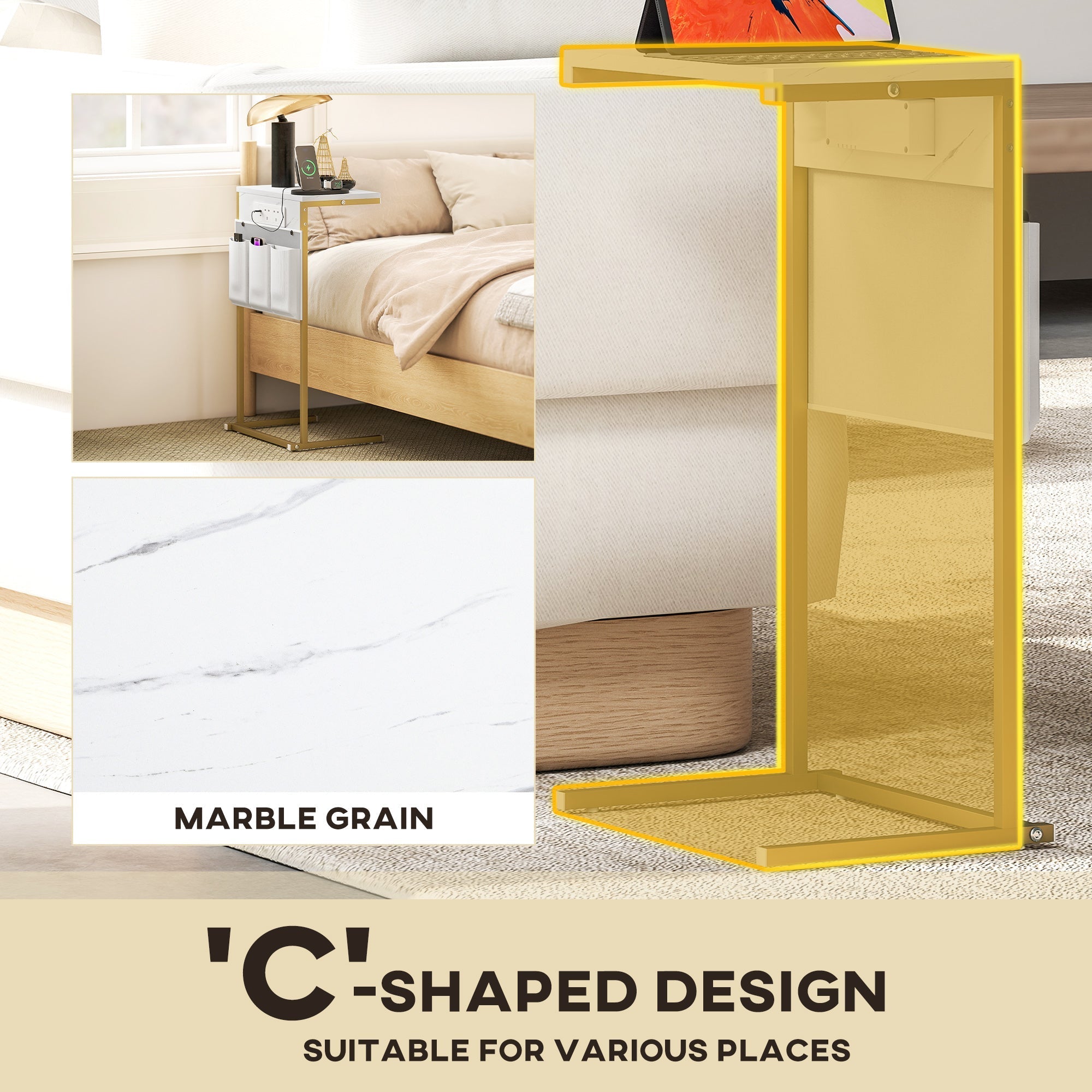 Yellow acrylic c-shaped side table with marble grain finish power outlets and storage bags for bedroom use