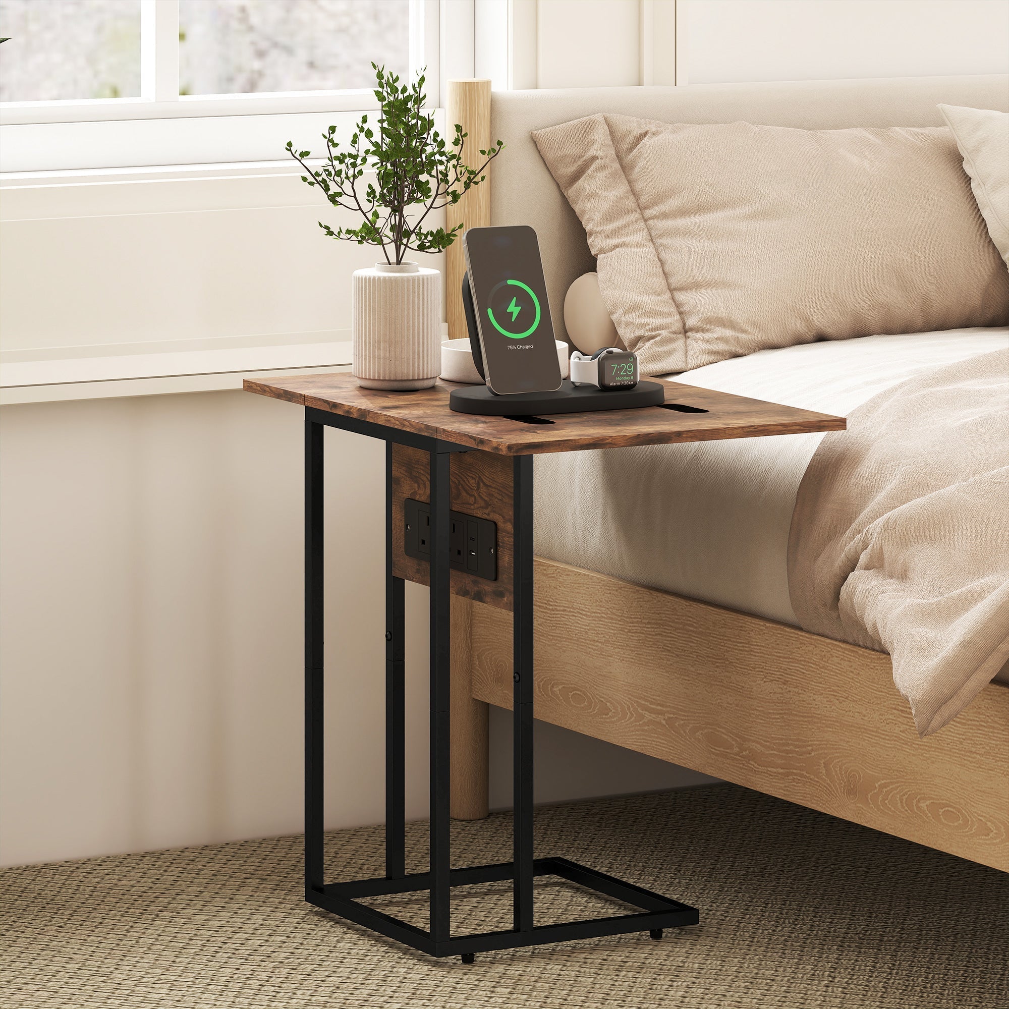 Rustic brown homcom c shaped bedside table with black metal frame and built-in charging station and foldable top