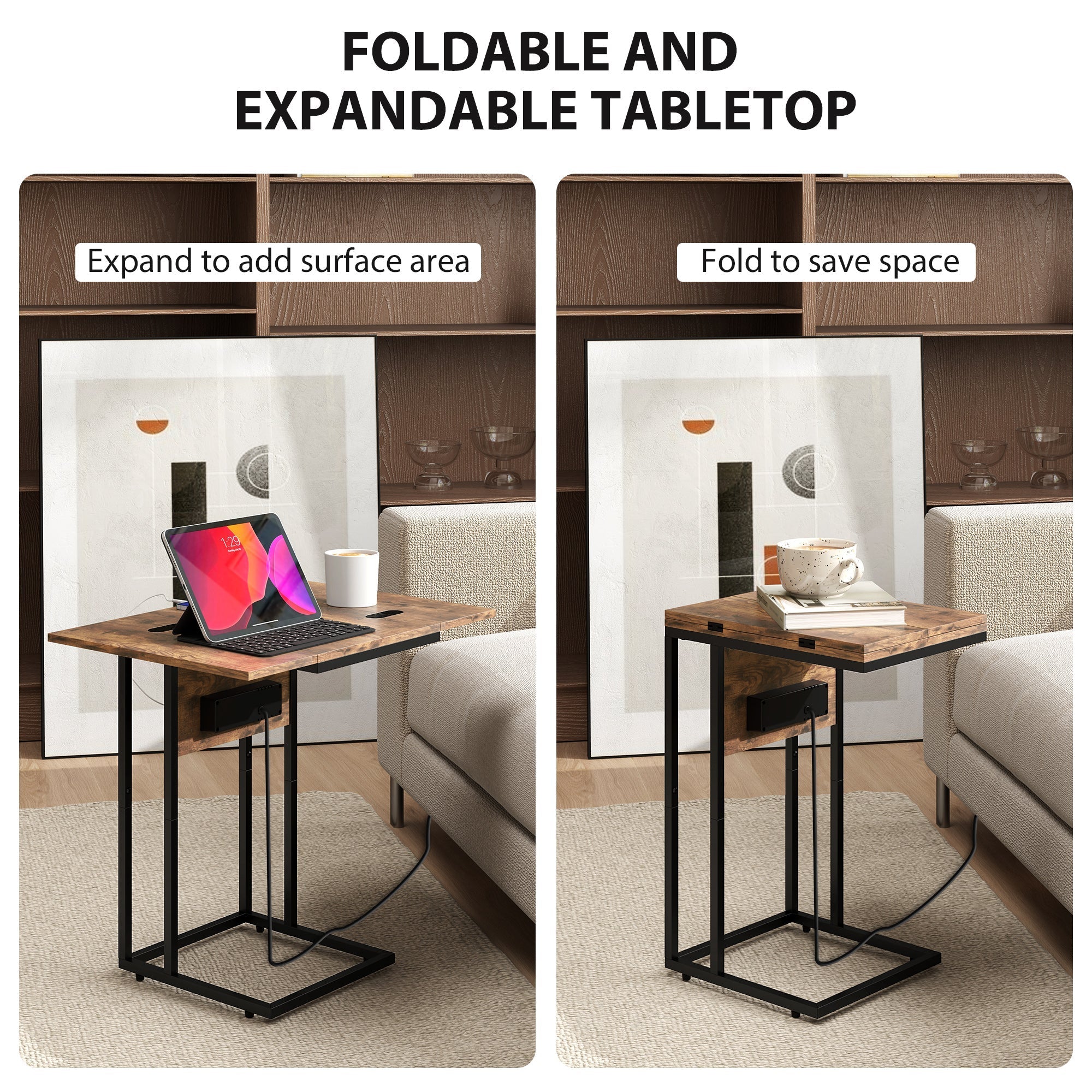 Homcom c shaped side table in rustic brown with foldable wooden tabletop black metal legs and built in charging station 39w x 29d
