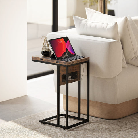 Rustic brown homcom c shaped bedside table with wooden top black metal frame and built in charging station