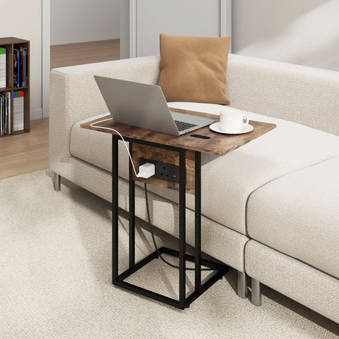 Rustic brown homcom c shaped side table with wooden top, black metal frame, charging station, 39w x 29d foldable design