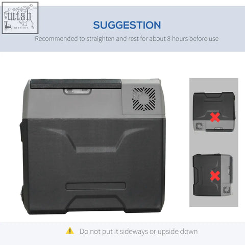 Gray and black homcom car refrigerator with vented top panel keeps drinks chilled down to lowest temperature minus 20c