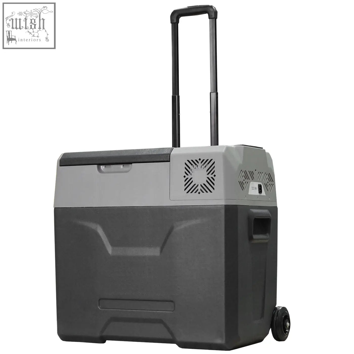 Gray and black homcom car refrigerator with wheels and handle keeps drinks chilled down to lowest temperature minus 20 degrees