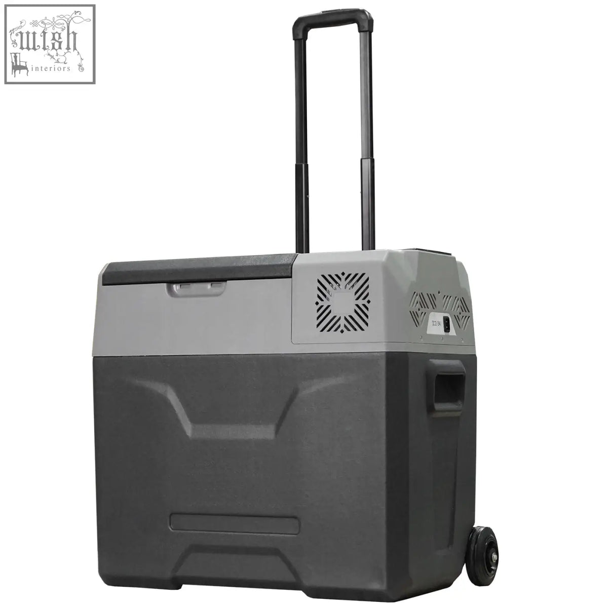 Gray and black homcom car refrigerator with wheels and handle keeps drinks chilled down to lowest temperature minus 20 degrees