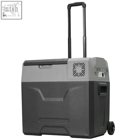 Gray and black homcom car refrigerator with wheels and handle keeps drinks chilled down to lowest temperature minus 20 degrees