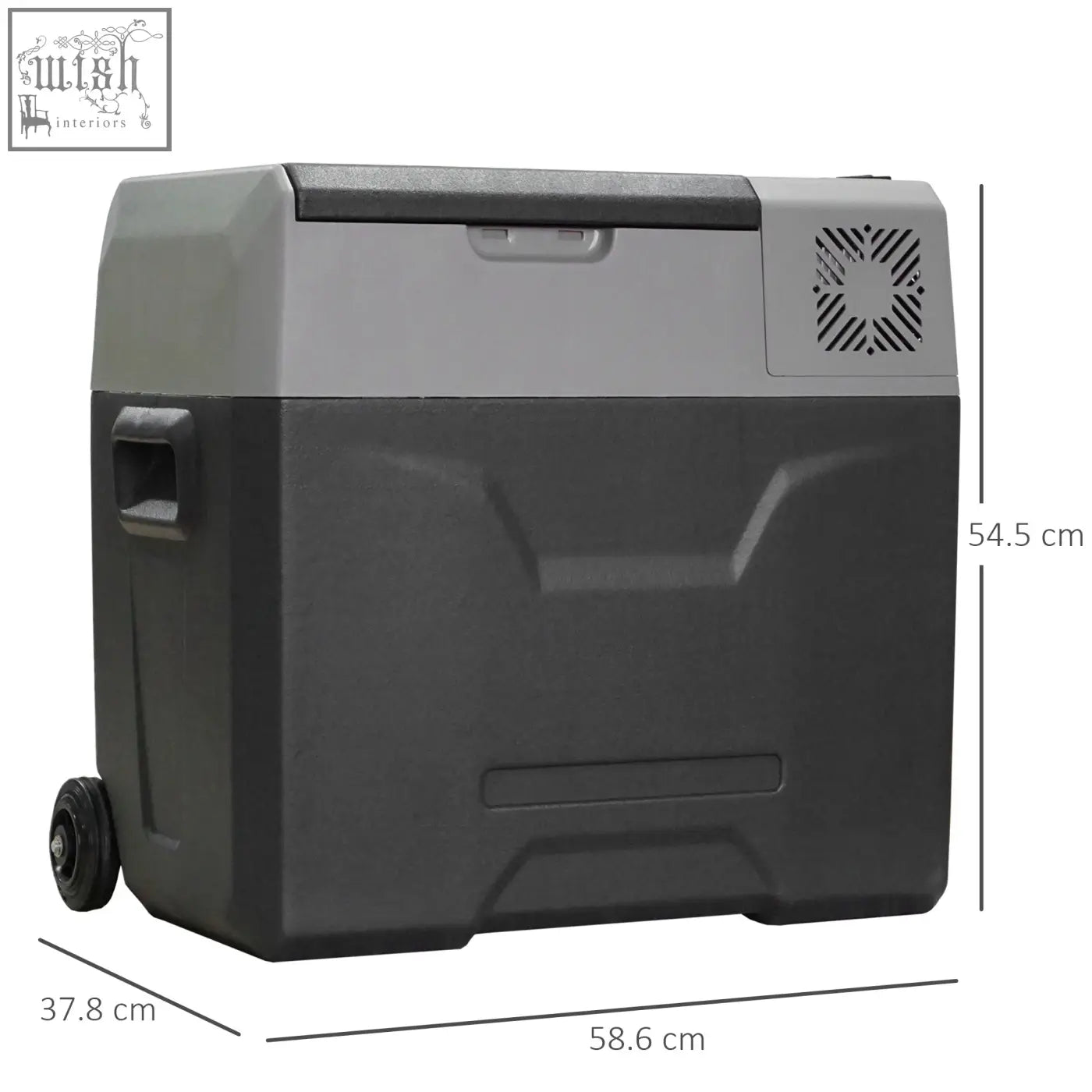 Black and gray rugged plastic homcom car refrigerator cooler box with wheels and top ventilation grille chills drinks to lowest temperature