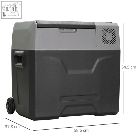 Black and gray rugged plastic homcom car refrigerator cooler box with wheels and top ventilation grille chills drinks to lowest temperature