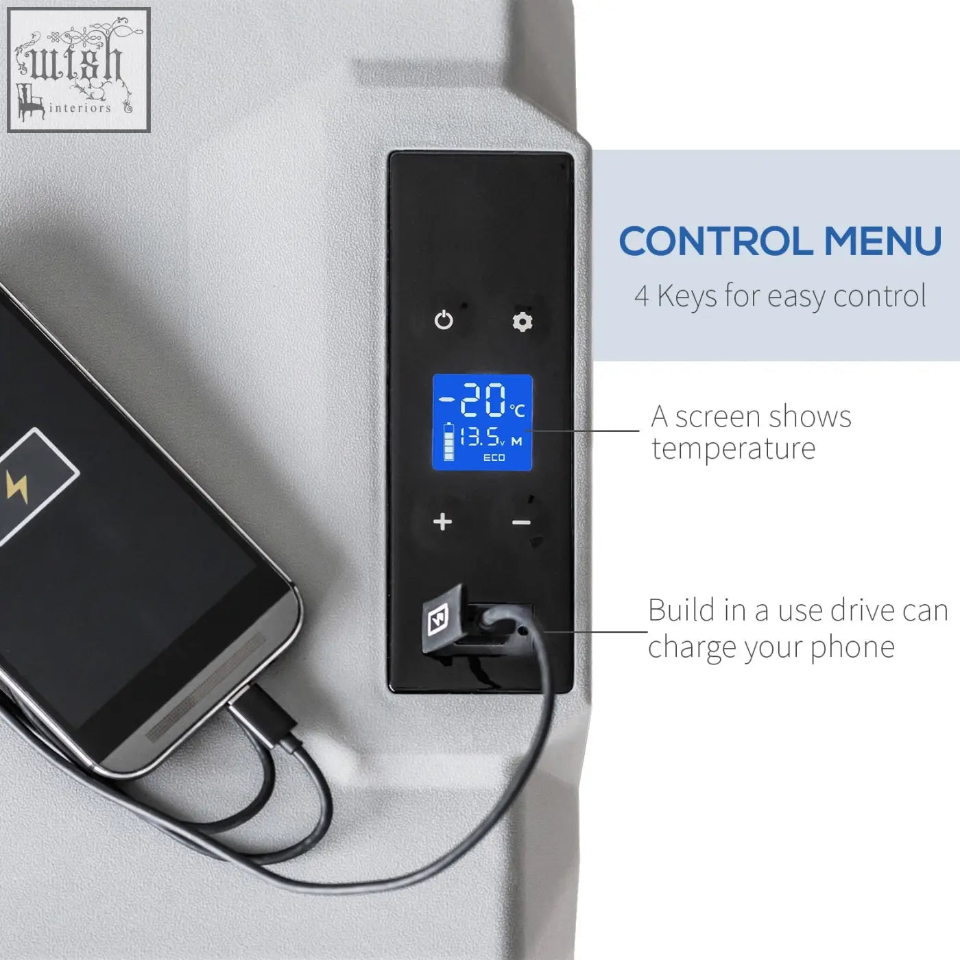 Black rectangular control panel of homcom car refrigerator with blue digital display shows temperature and battery level for drinks chilled at lowest temperature