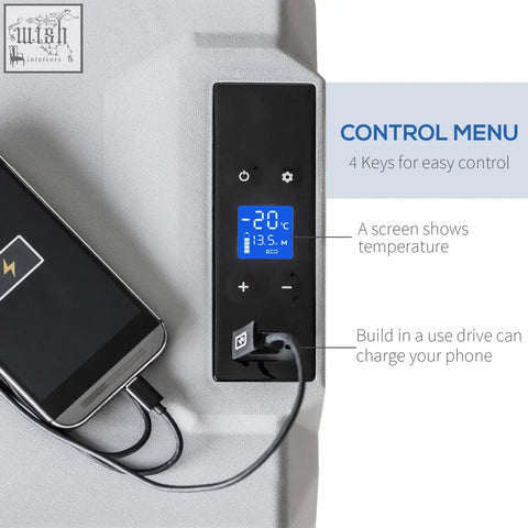 Black rectangular control panel of homcom car refrigerator with blue digital display shows temperature and battery level for drinks chilled at lowest temperature