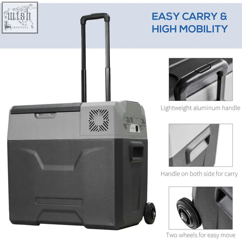 Gray and black homcom car refrigerator cooler box with wheels and handle keeps drinks chilled down to lowest temperature