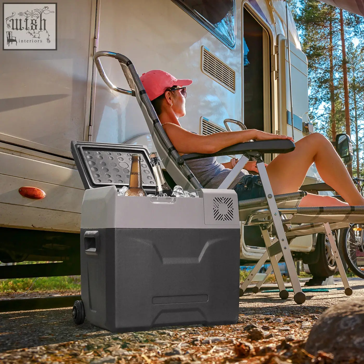 Gray and white portable HOMCOM car refrigerator with wheels and vented lid keeps drinks chilled at lowest temperature