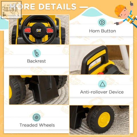 Yellow and black cat licensed kids ride-on truck with manual shovel steering wheel red horn buttons and hidden storage