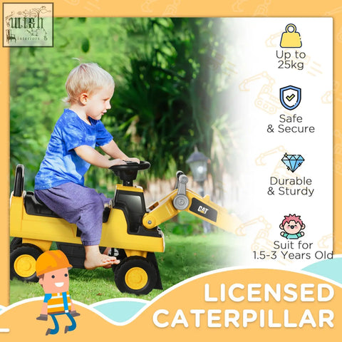 Yellow and black cat licensed toddler digger ride-on toy with manual shovel and hidden storage for ages 1.5 to 3 years