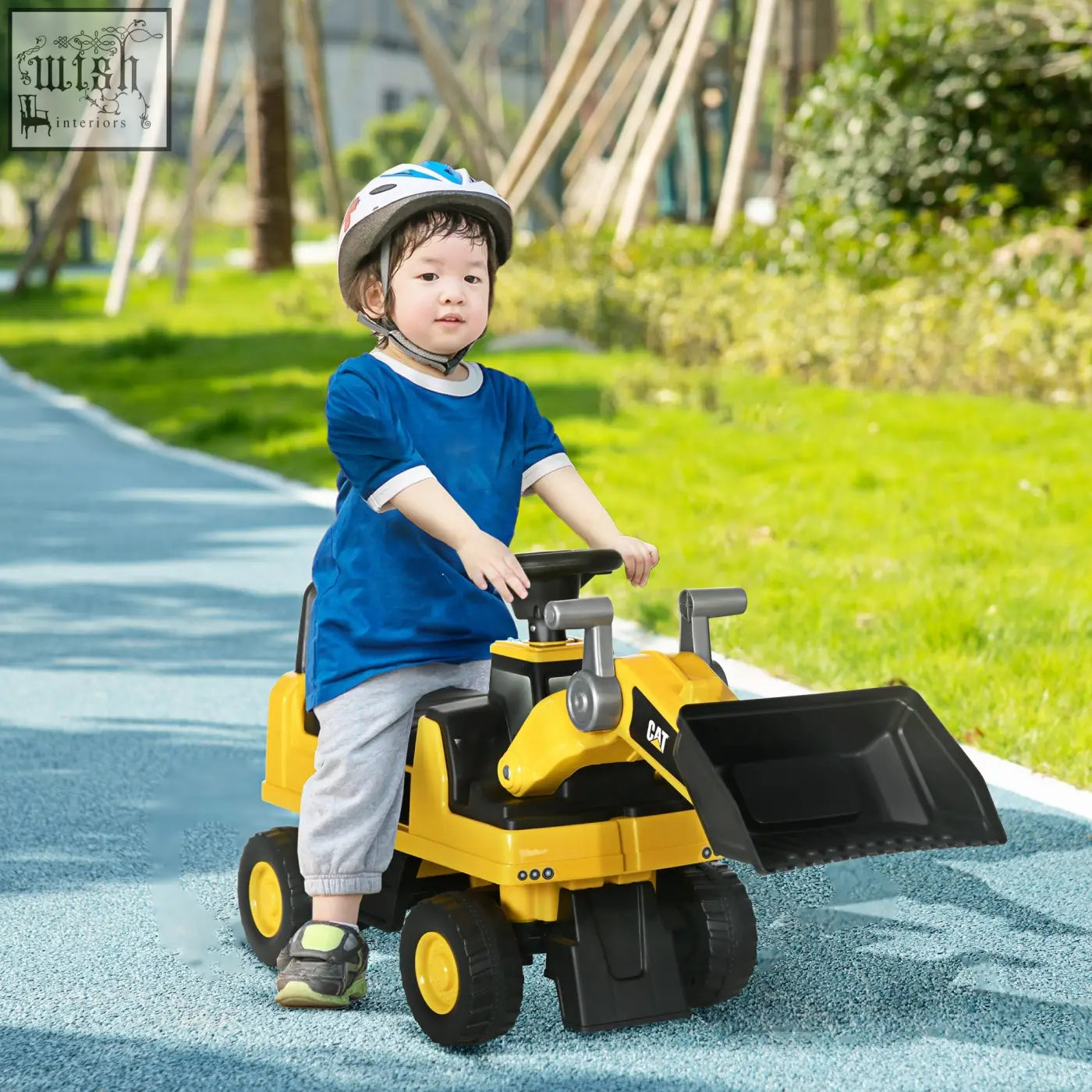 Yellow and black cat licensed kids ride-on construction vehicle with manual shovel and hidden storage for toddlers