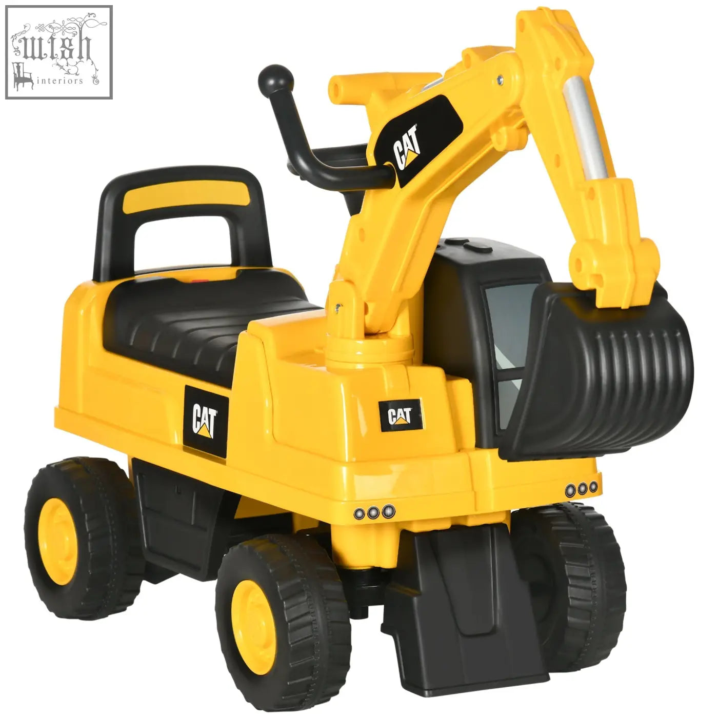 Yellow and black cat licensed construction ride-on excavator toy with articulated arm, textured seat, and rubber tires for toddlers