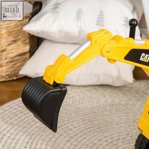 Yellow and black cat licensed plastic caterpillar toy excavator arm with ribbed black bucket for toddler ride on digger