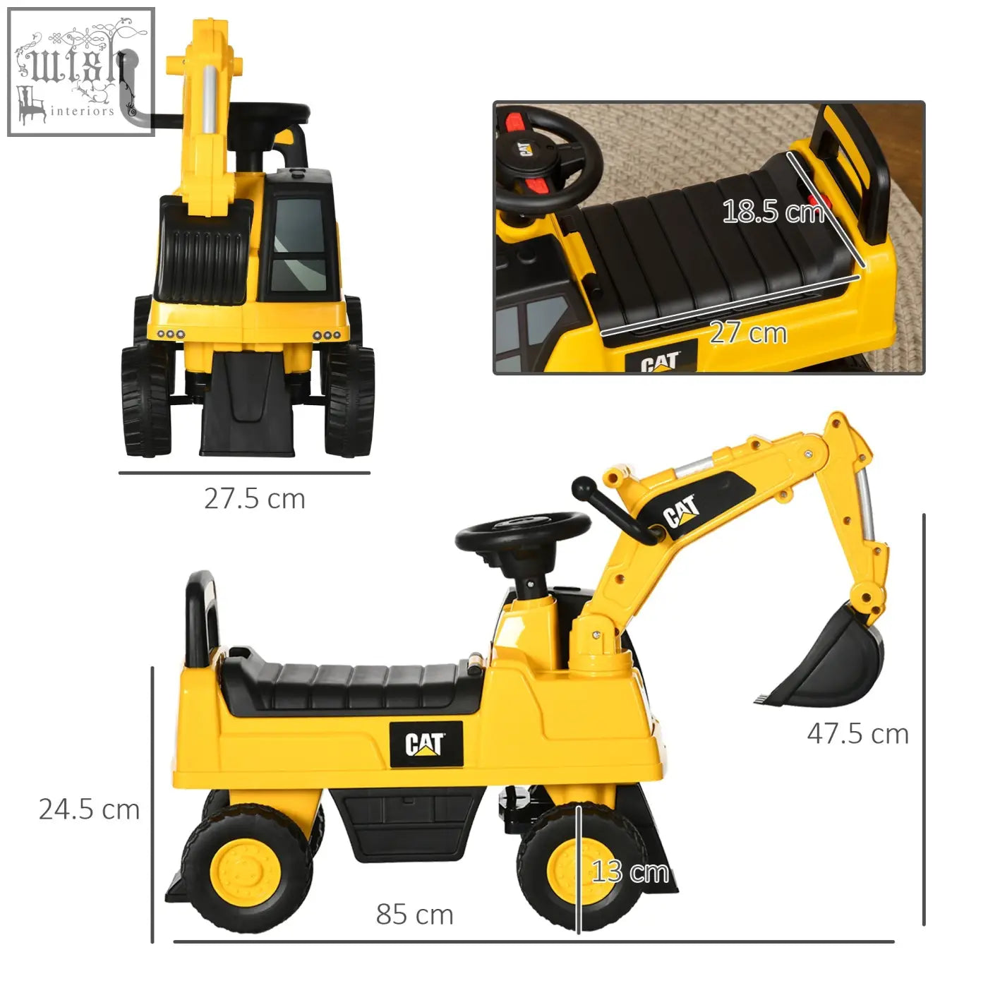 Yellow and black cat licensed construction ride-on excavator toy with articulated arm, steering wheel, and textured seat for toddlers