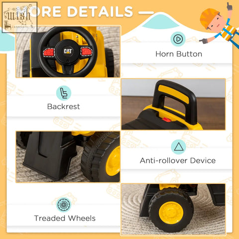 Yellow and black cat licensed ride-on digger with red horn buttons, backrest, anti-rollover, and treaded wheels for toddlers