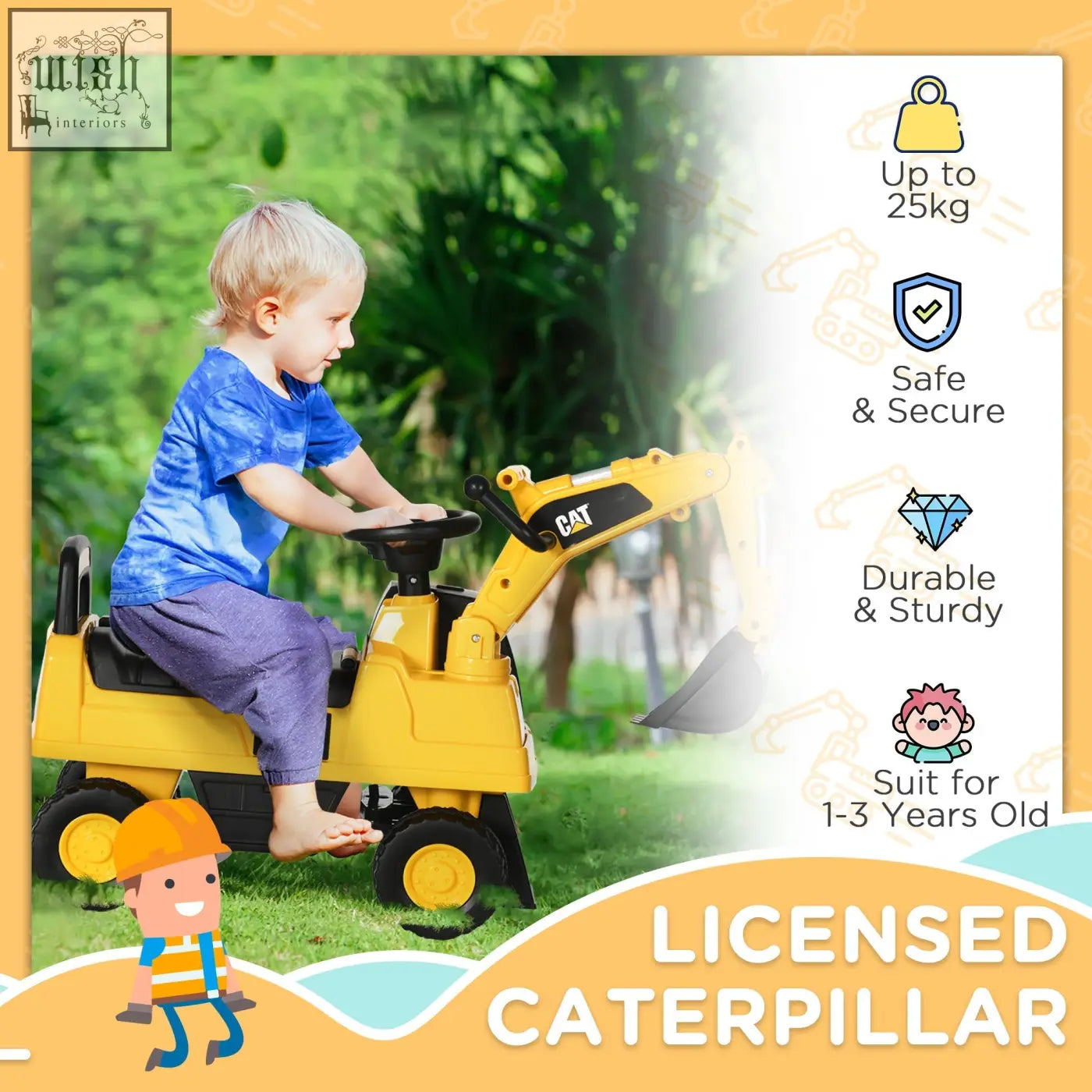 Yellow cat licensed construction excavator toy with manual shovel horn and storage for toddlers ages 1 to 3 years
