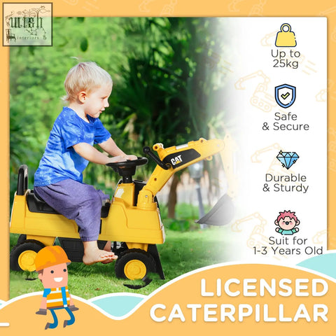 Yellow cat licensed construction excavator toy with manual shovel horn and storage for toddlers ages 1 to 3 years