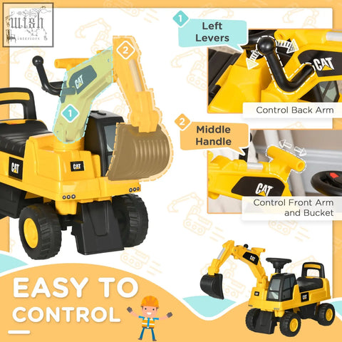 Yellow and black cat licensed construction kids ride on excavator toy with articulated arms and bucket for toddlers