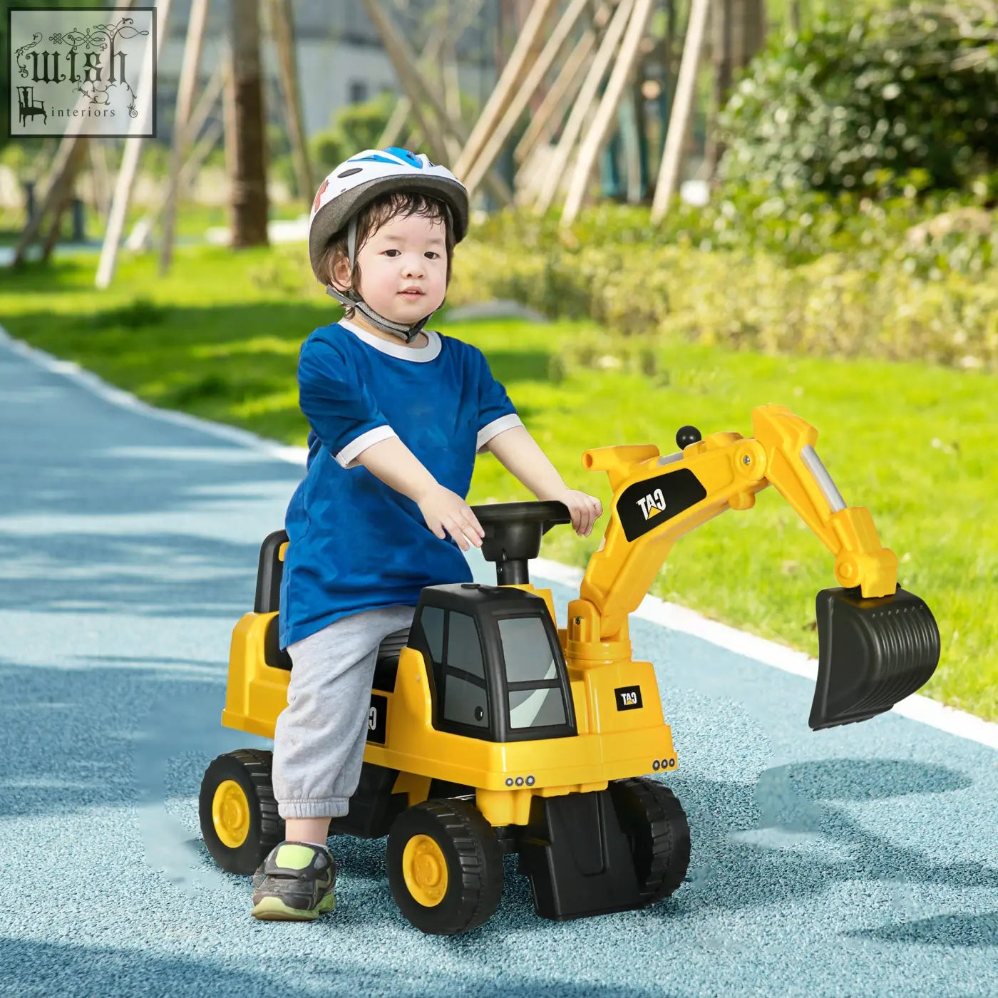 Yellow and black cat licensed construction ride-on excavator toy with detailed cab, articulated arm, and textured bucket