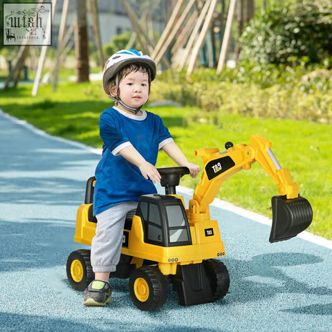 Yellow and black cat licensed construction ride-on excavator toy with detailed cab, articulated arm, and textured bucket